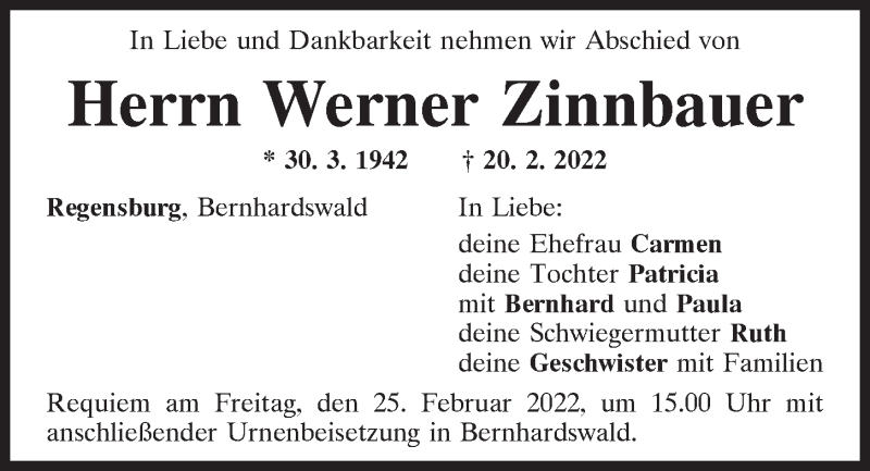  Traueranzeige für Werner Zinnbauer vom 24.02.2022 aus Mittelbayerische Zeitung Regensburg