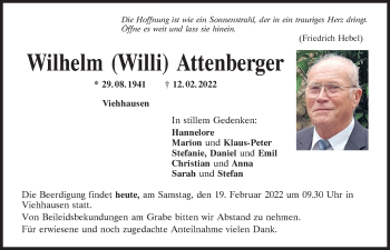 Traueranzeige von Wilhelm Attenberger von Mittelbayerische Zeitung Regensburg