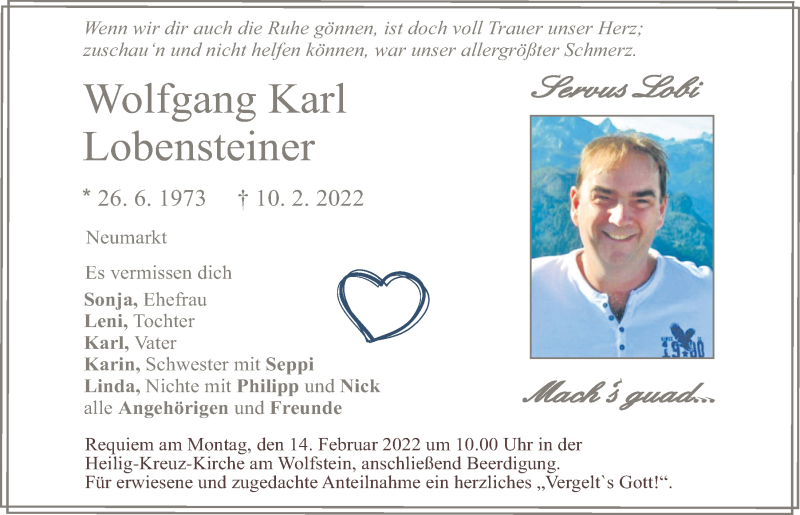  Traueranzeige für Wolfgang Karl Lobensteiner vom 12.02.2022 aus Neumarkter Tagblatt
