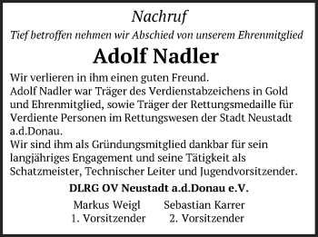 Traueranzeige von Adolf Nadler von Mittelbayerische Zeitung Kelheim