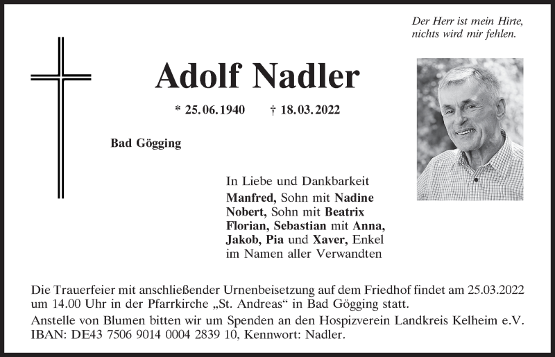  Traueranzeige für Adolf Nadler vom 23.03.2022 aus Mittelbayerische Zeitung Kelheim