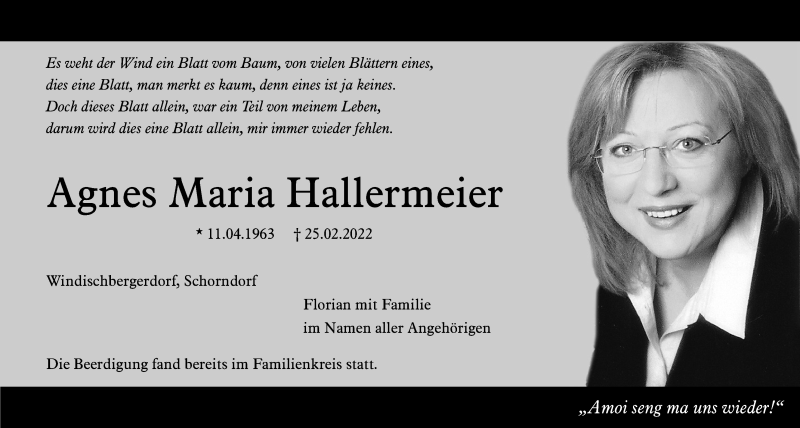 Traueranzeige für Agnes Maria Hallermeier vom 19.03.2022 aus Bayerwald Echo