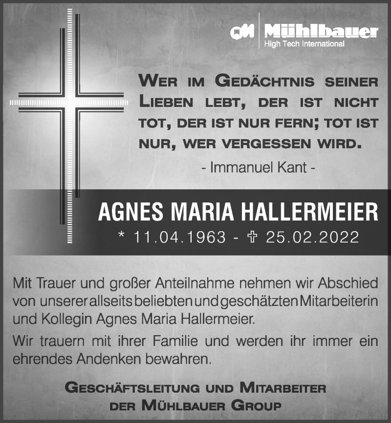  Traueranzeige für Agnes Maria Hallermeier vom 22.03.2022 aus Bayerwald Echo