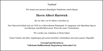 Traueranzeige von Albert Hartwich von Mittelbayerische Zeitung Schwandorf