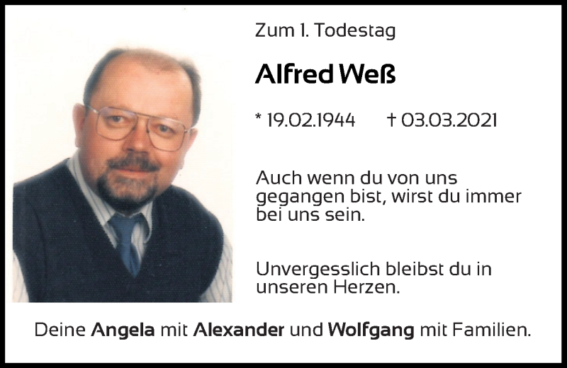  Traueranzeige für Alfred Weß vom 03.03.2022 aus Bayerwald Echo
