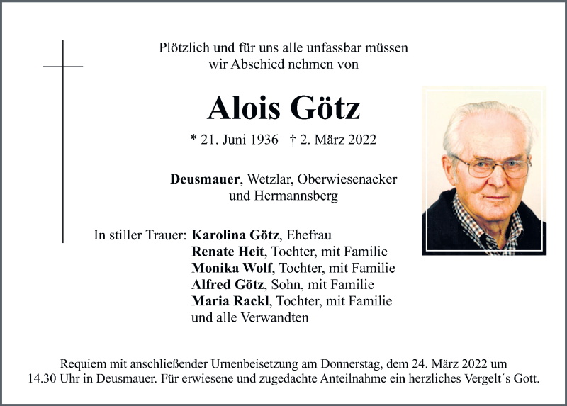 Traueranzeige für Alois Götz vom 21.03.2022 aus Neumarkter Tagblatt