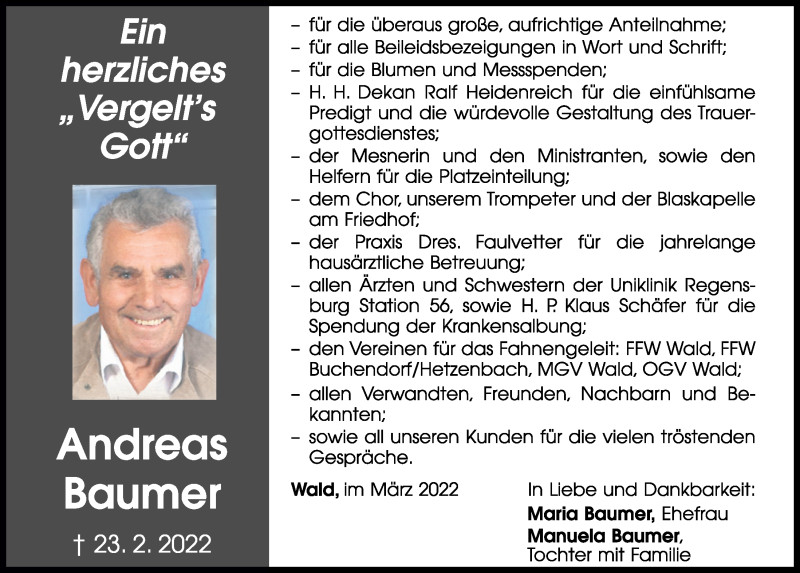  Traueranzeige für Andreas Baumer vom 05.03.2022 aus Bayerwald Echo