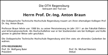 Traueranzeige von Anton Braun von Mittelbayerische Zeitung Regensburg