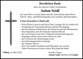 Traueranzeige von Anton Seidl von Bayerwald Echo