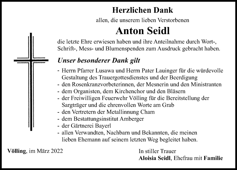  Traueranzeige für Anton Seidl vom 03.03.2022 aus Bayerwald Echo