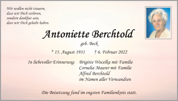 Traueranzeige von Antoniette Berchtold von Neumarkter Tagblatt