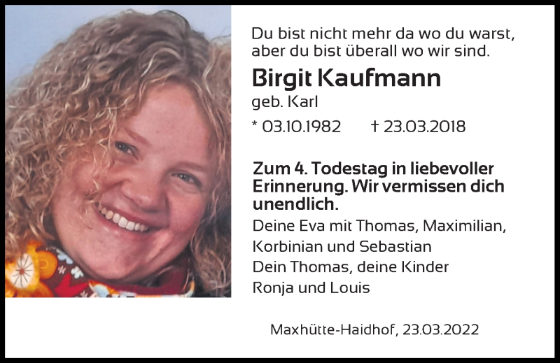  Traueranzeige für Birgit Kaufmann vom 23.03.2022 aus Mittelbayerische Zeitung Schwandorf