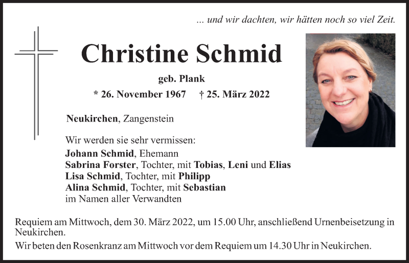  Traueranzeige für Christine Schmid vom 28.03.2022 aus Mittelbayerische Zeitung Schwandorf