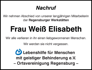 Traueranzeige von Elisabeth Weiß von Mittelbayerische Zeitung Regensburg