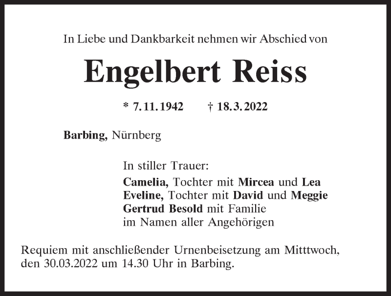  Traueranzeige für Engelbert Reiss vom 26.03.2022 aus Mittelbayerische Zeitung Regensburg