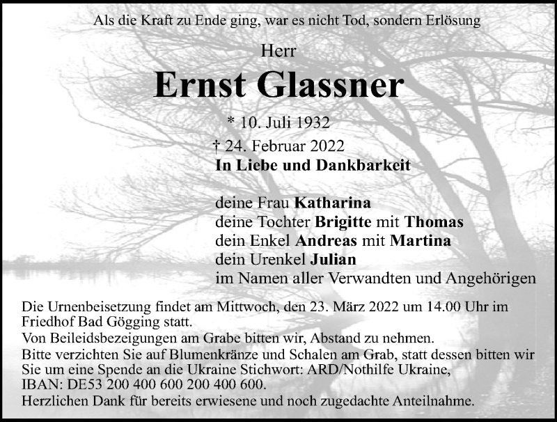  Traueranzeige für Ernst Glassner vom 19.03.2022 aus Mittelbayerische Zeitung Kelheim