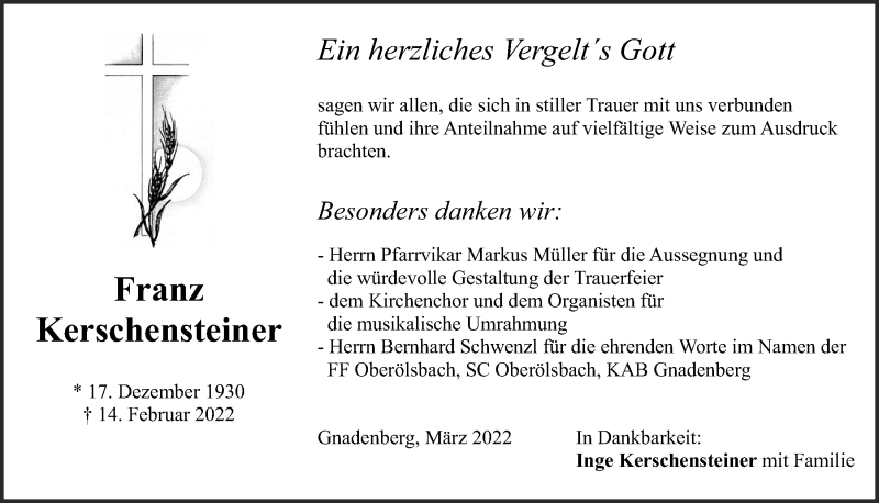  Traueranzeige für Franz Kerschensteiner vom 12.03.2022 aus Neumarkter Tagblatt