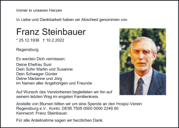 Traueranzeige von Franz Steinbauer von Mittelbayerische Zeitung Regensburg