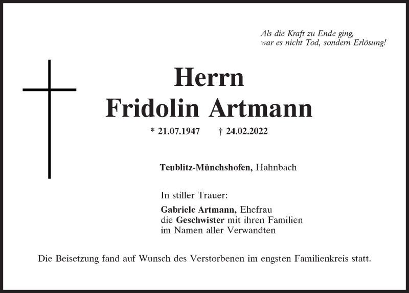  Traueranzeige für Fridolin Artmann vom 11.03.2022 aus Mittelbayerische Zeitung Schwandorf
