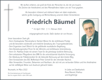 Traueranzeige von Friedrich Bäumel von Neumarkter Tagblatt