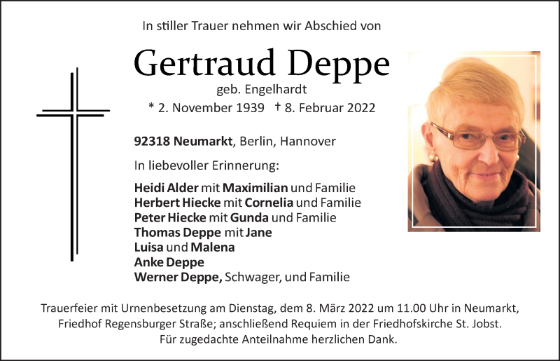  Traueranzeige für Gertraud Deppe vom 04.03.2022 aus Neumarkter Tagblatt