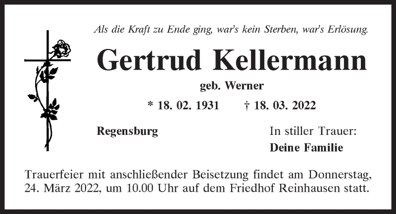  Traueranzeige für Gertrud Kellermann vom 22.03.2022 aus Mittelbayerische Zeitung Regensburg