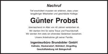Traueranzeige von Günter Probst von Mittelbayerische Zeitung Schwandorf
