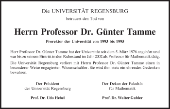 Traueranzeige von Günter Tamme von Mittelbayerische Zeitung Regensburg