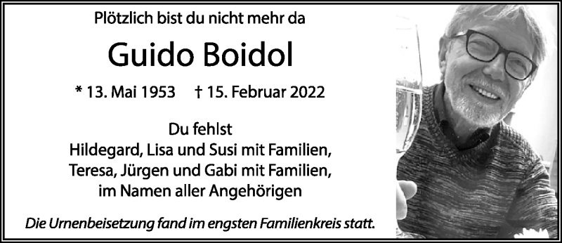  Traueranzeige für Guido Boidol vom 04.03.2022 aus Mittelbayerische Zeitung Regensburg
