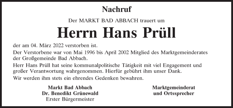  Traueranzeige für Hans Prüll vom 15.03.2022 aus Mittelbayerische Zeitung Regensburg