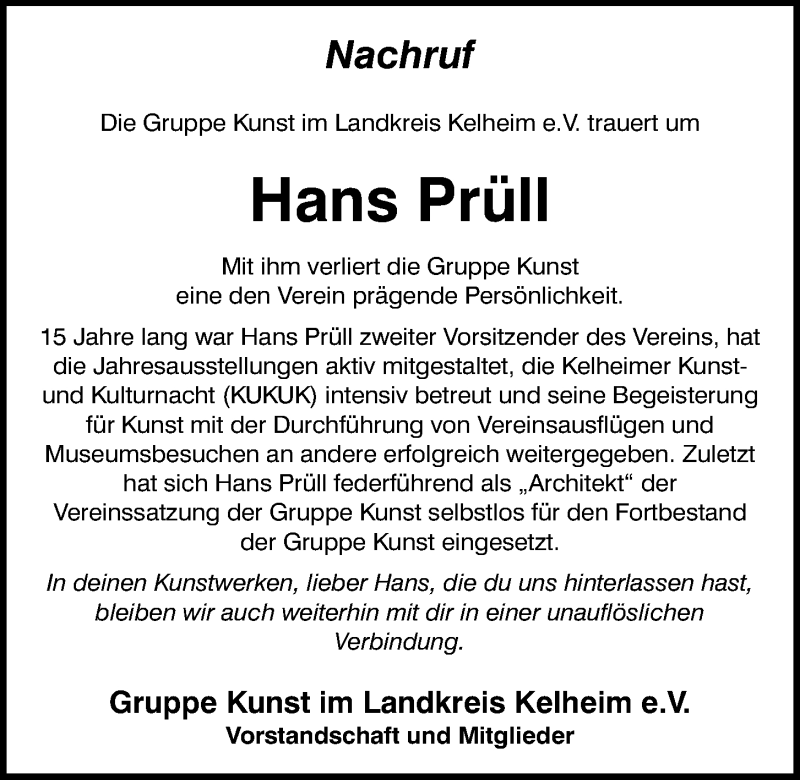  Traueranzeige für Hans Prüll vom 17.03.2022 aus Mittelbayerische Zeitung Kelheim