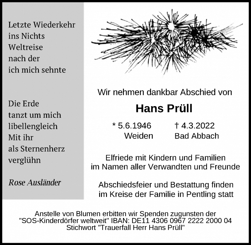  Traueranzeige für Hans Prüll vom 12.03.2022 aus Mittelbayerische Zeitung Regensburg
