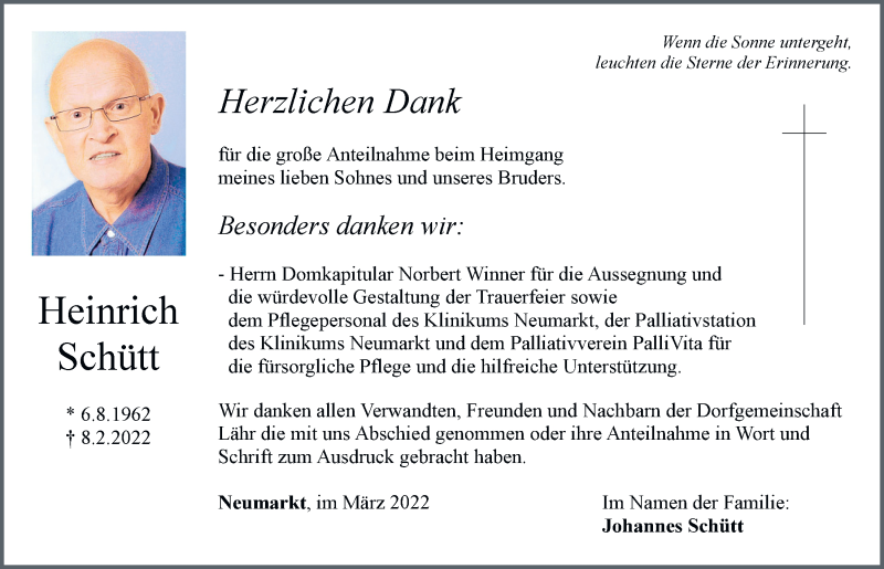  Traueranzeige für Heinrich Schütt vom 26.03.2022 aus Neumarkter Tagblatt