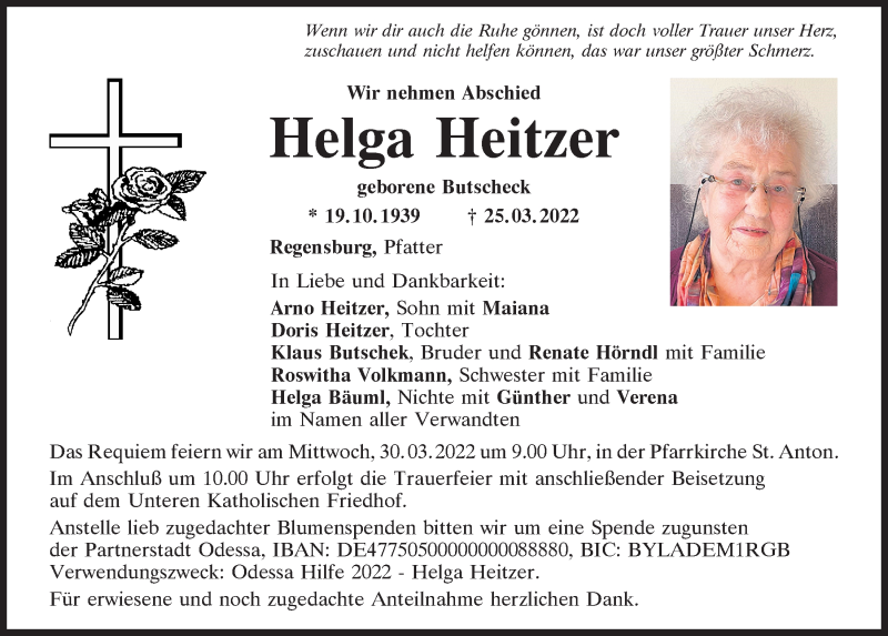  Traueranzeige für Helga Heitzer vom 26.03.2022 aus Mittelbayerische Zeitung Regensburg
