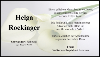Traueranzeige von Helga Rockinger von Mittelbayerische Zeitung Schwandorf