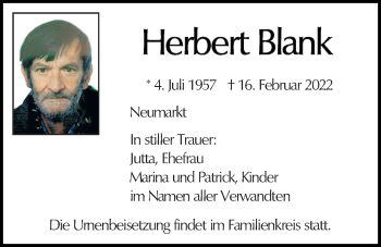 Traueranzeige von Herbert Blank von Neumarkter Tagblatt