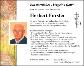 Traueranzeige von Herbert Forster von Neumarkter Tagblatt
