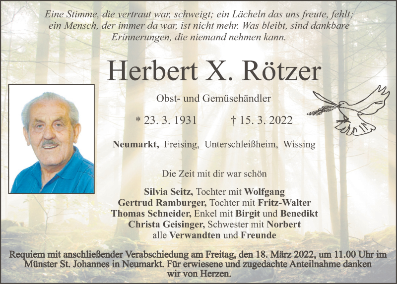  Traueranzeige für Herbert X. Rötzer vom 17.03.2022 aus Neumarkter Tagblatt