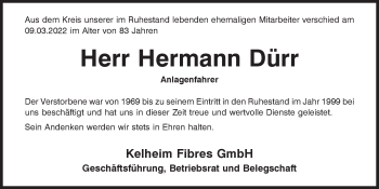 Traueranzeige von Hermann Dürr von Mittelbayerische Zeitung Kelheim