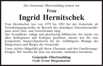 Traueranzeige von Ingrid Hernitschek von Mittelbayerische Zeitung Regensburg