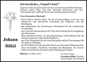 Traueranzeige von Johann Hölzl von Mittelbayerische Zeitung Schwandorf