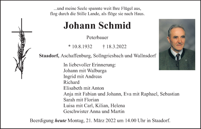  Traueranzeige für Johann Schmid vom 21.03.2022 aus Neumarkter Tagblatt