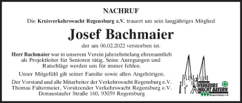 Traueranzeige von Josef Bachmaier von Mittelbayerische Zeitung Regensburg