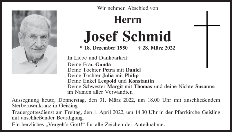  Traueranzeige für Josef Schmid vom 31.03.2022 aus Mittelbayerische Zeitung Regensburg