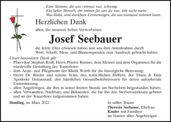 Traueranzeige von Josef Seebauer von Mittelbayerische Zeitung Regensburg