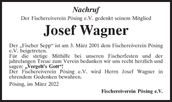 Traueranzeige von Josef Wagner von Bayerwald Echo