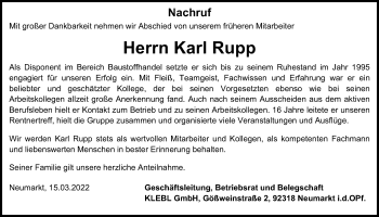 Traueranzeige von Karl Rupp von Neumarkter Tagblatt