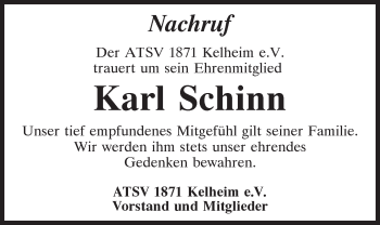 Traueranzeige von Karl Schinn von Mittelbayerische Zeitung Kelheim