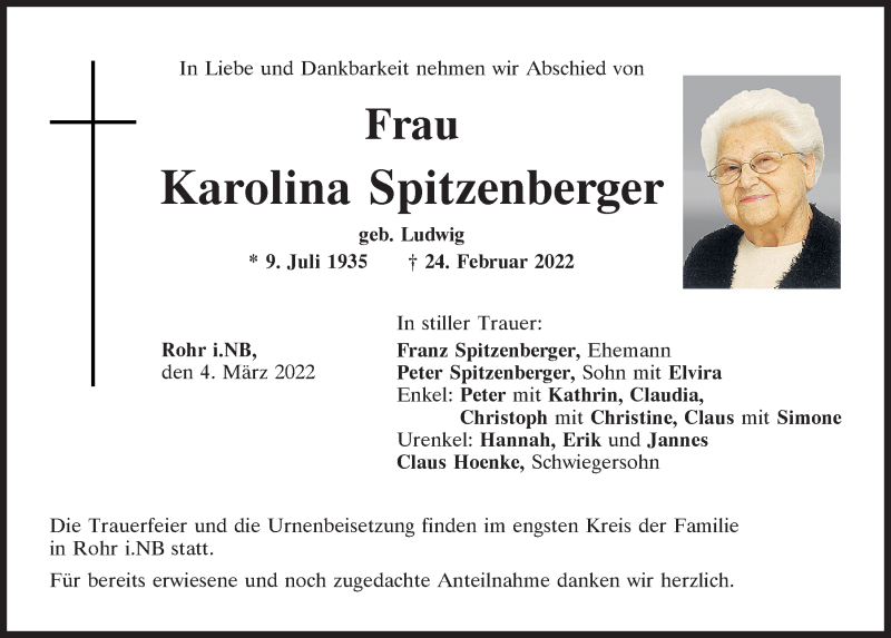 Traueranzeige für Karolina Spitzenberger vom 04.03.2022 aus Mittelbayerische Zeitung Kelheim