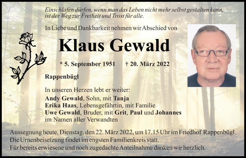  Traueranzeige für Klaus Gewald vom 22.03.2022 aus Mittelbayerische Zeitung Schwandorf